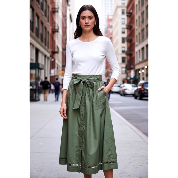 Olive Green Cotton Eyelet Maxi Skirt - Sheen Buttons Bow Tie Elastic Waist - S - Picture 13 of 13